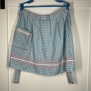 Vintage 1950's Gingham Blue & White Half Apron with Pink Ribbon Trim Cottagecore